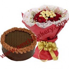 Red and White flowers + half kg Chocolate cake