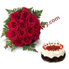 Black forest cake with 14 Flower bouquet.