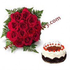 Half Kg Black Forest Cake + 14 Red Roses