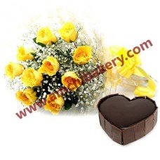 Heart shape chocolate cake with 10 yellow flowers 